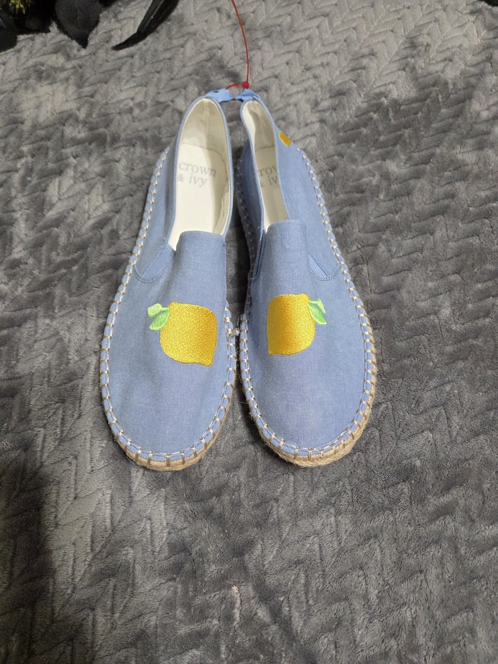 crown & ivy Light Blue Slip-On Canvas Espadrilles with Yellow Lemon Motif